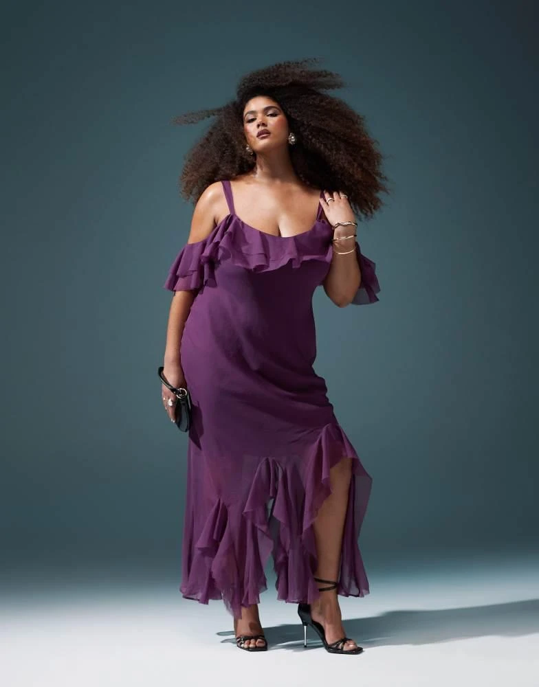 Shop ASOS DESIGN Curve ruffle off shoulder maxi dress with asymmetric  godets in aubergine on Sale at BeyondStyle  Get 71% Off ASOS DESIGN Curve  ruffle off shoulder maxi dress with asymmetric