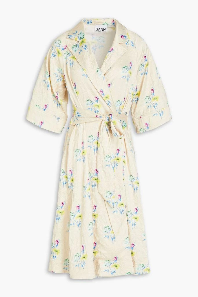 Ganni Floral-print crinkled-satin wrap dress 1