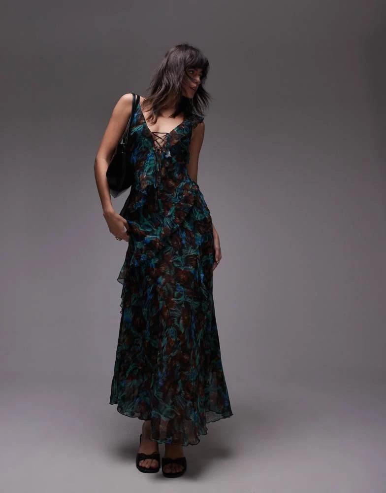 Topshop Topshop maxi frill slip midi dress in green floral 1