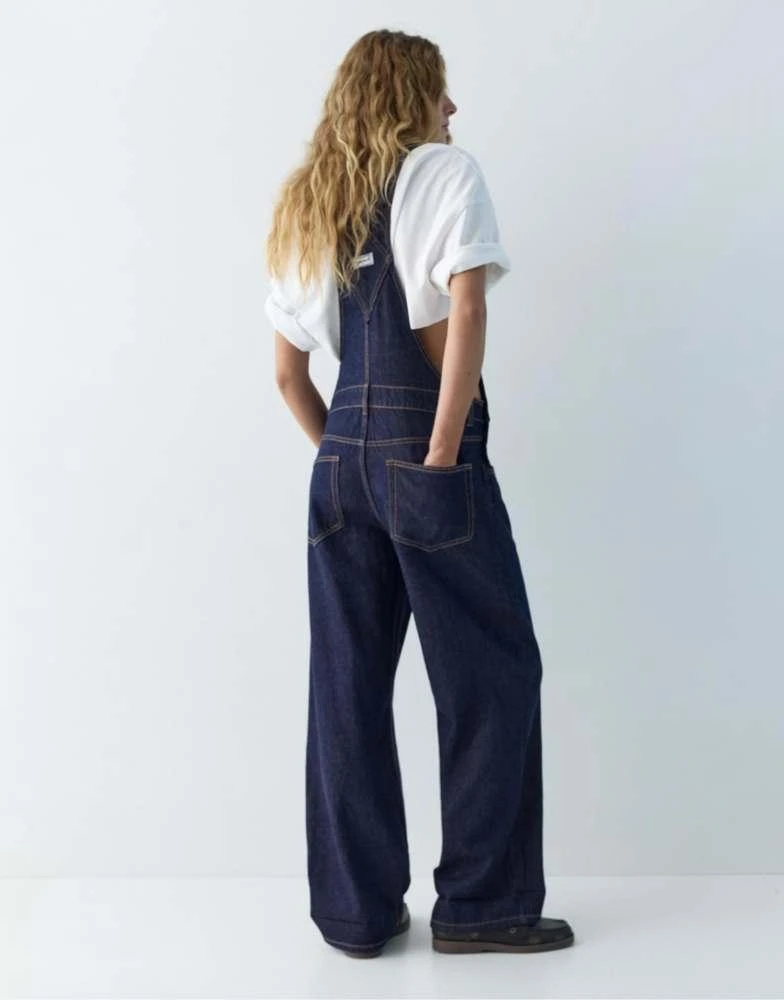Pull&Bear Pull&Bear Long denim dungarees in navy 2