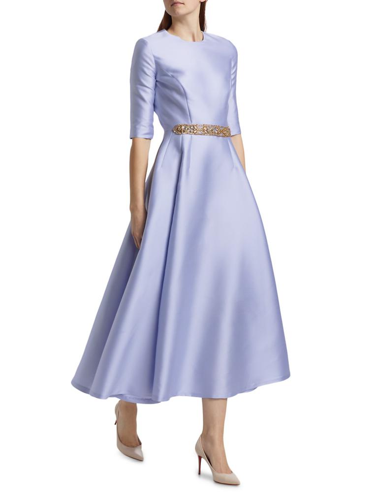 REEM ACRA Satin Beaded Belt Cocktail Dress