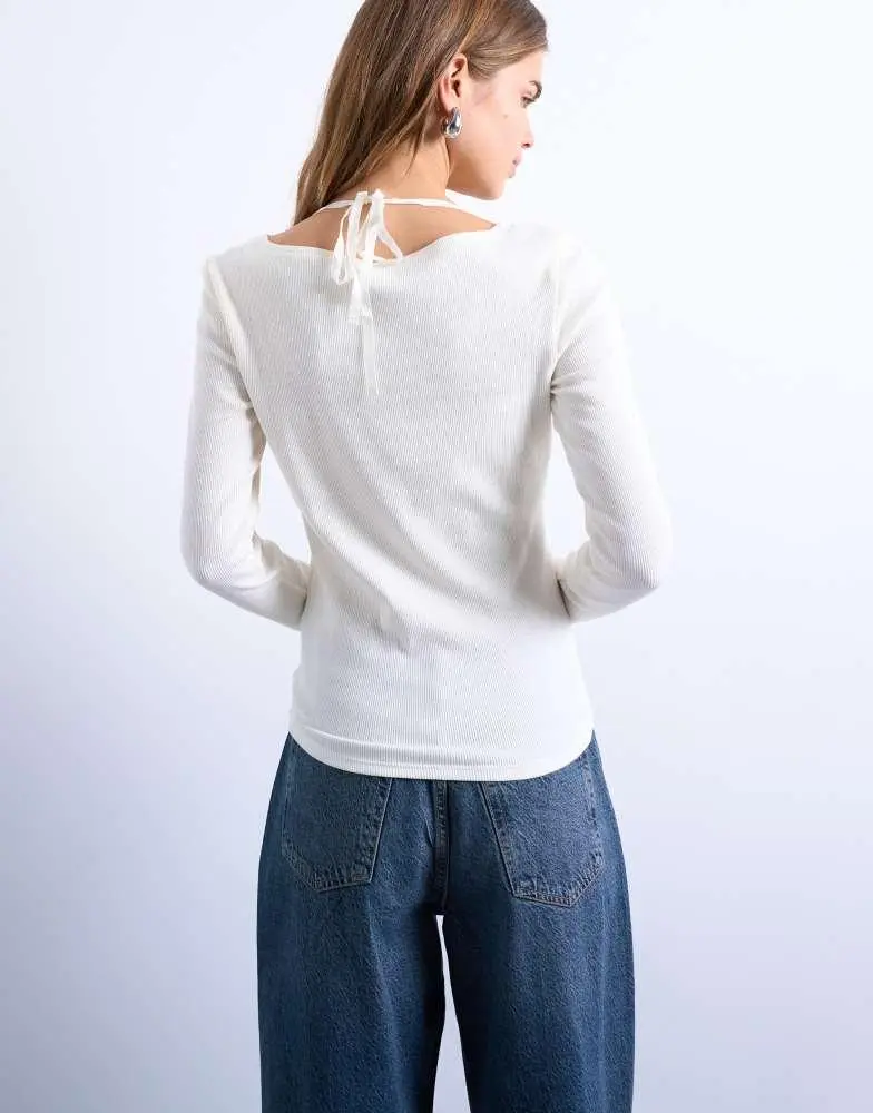 Topshop Topshop rib scoop tie neck long sleeve top in ivory 3