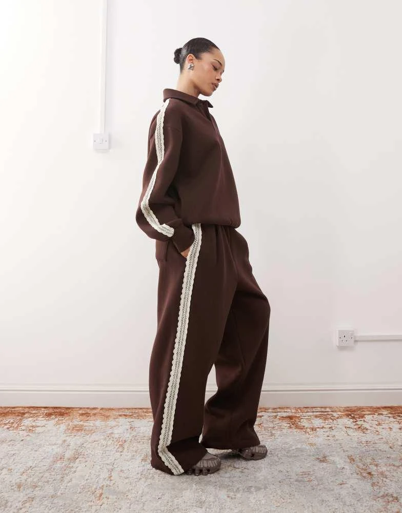 Reclaimed Vintage Reclaimed Vintage lace trim polo sweatshirt co-ord in brown 3