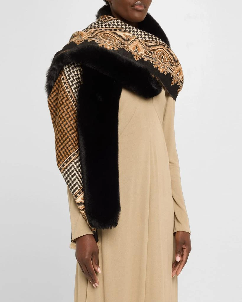 La Fiorentina Houndstooth Paisley Printed Wrap with Faux Fur Trim 3