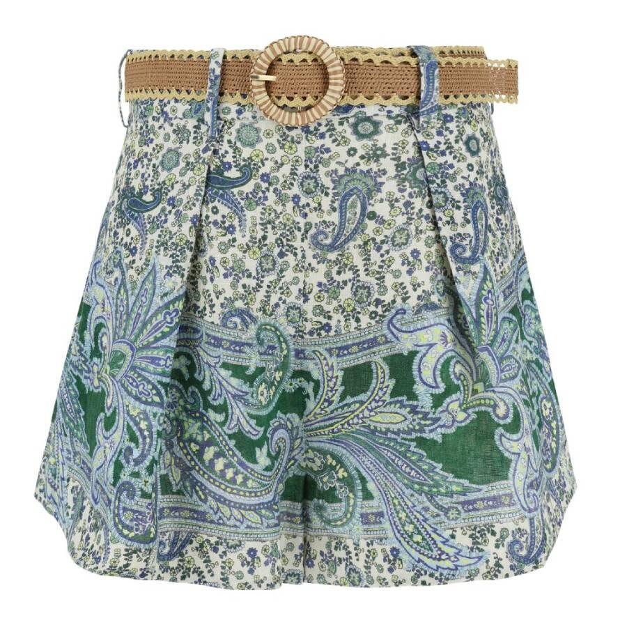 Zimmermann Ottie Paisley Print Belted Linen Shorts