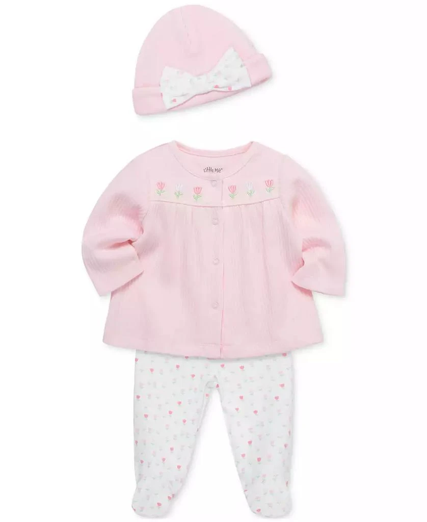 Little Me Baby Girls Tulips Cotton Cardigan, Hat & Footed Pants, 3 Piece Set 3