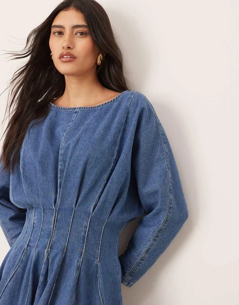 ARRANGE ARRANGE denim long sleeve midi dress with full skirt in mid blue 2
