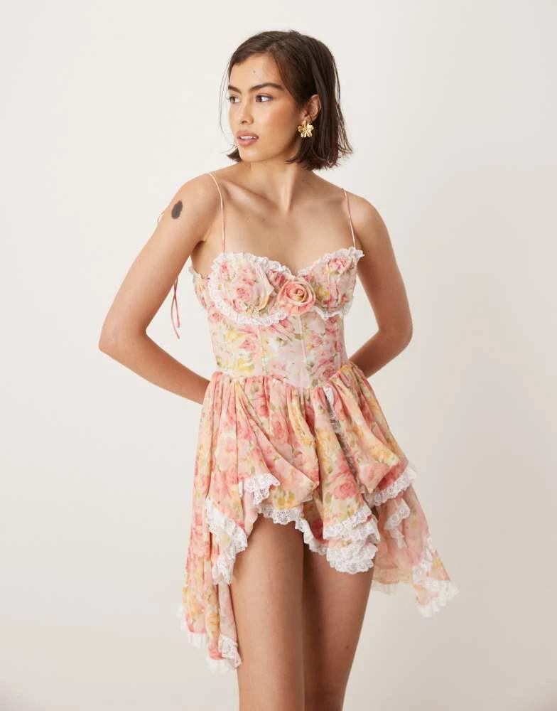 Shop For Love & Lemons Elea lace trim frill mini dress in peach floral on  Sale at BeyondStyle  Get 40% Off For Love & Lemons Elea lace trim frill  mini dress