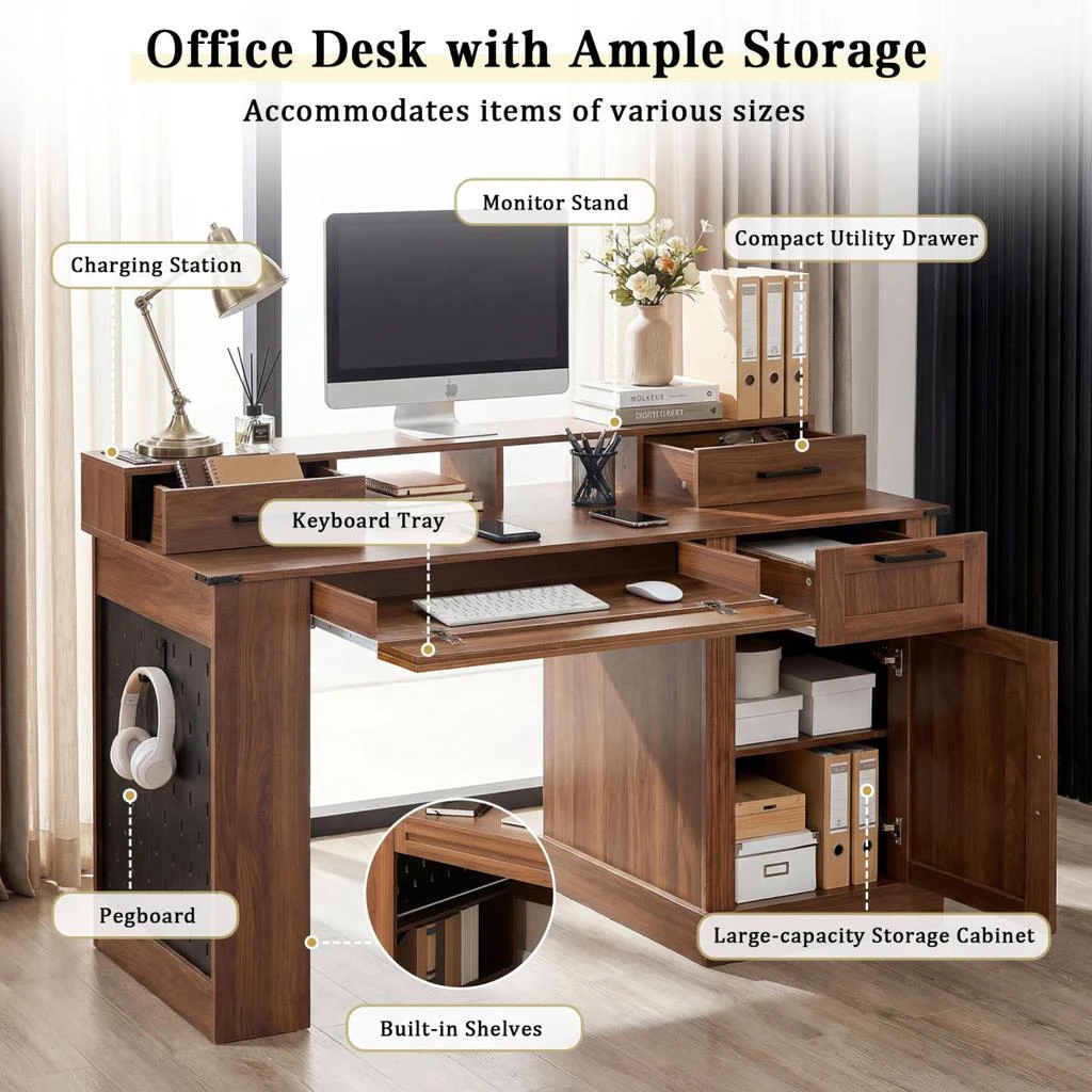 Streamdale Furniture Streamdale 55" Farmhouse Office Desk with Storage, Barn Door Design, Keyboard Tray, Monitor Stand 6