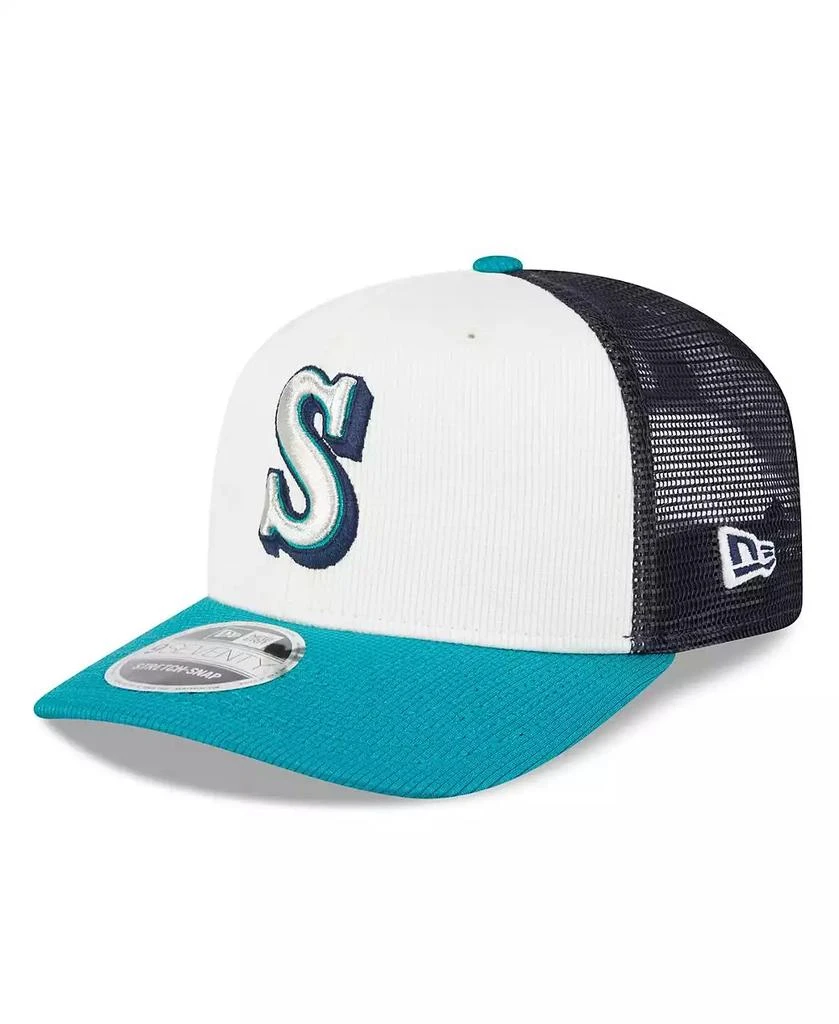New Era Men's White/Aqua Seattle Mariners 2025 Batting Practice 9SEVENTY Stretch-Snap Trucker Hat 1