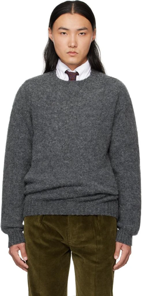 Drake's Gray Brushed Shetland Crew Neck Sweater 1