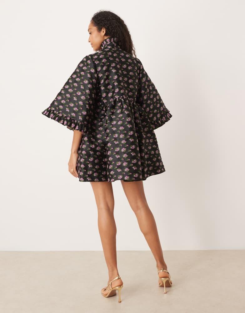 Shop Sister Jane oversized pussybow jacquard mini dress in black