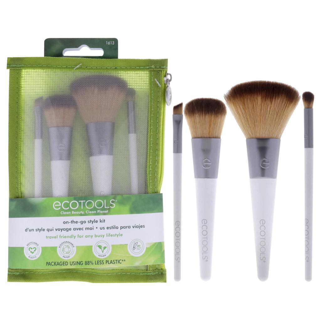 EcoTools On-The-Go Style Brush Kit by for Women - 4 Pc Complexion Blending Brush, Multitasking Blush Brush, Micro Crease Brush, Angled Liner Brush