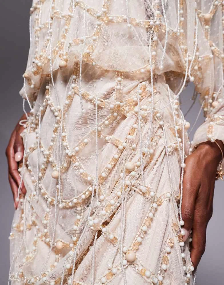 ASOS Design pearl and fringe embellished drape maxi dress in cream-White ASOS Design pearl and fringe embellished drape maxi dress in cream-White