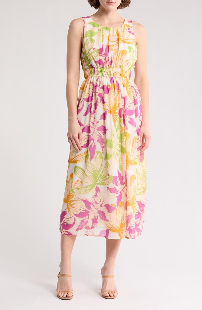 Lush Floral Print Chiffon Midi Dress