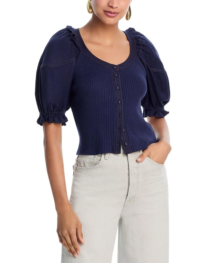 AQUA Mixed Media Puff Sleeve Top - Exclusive 1