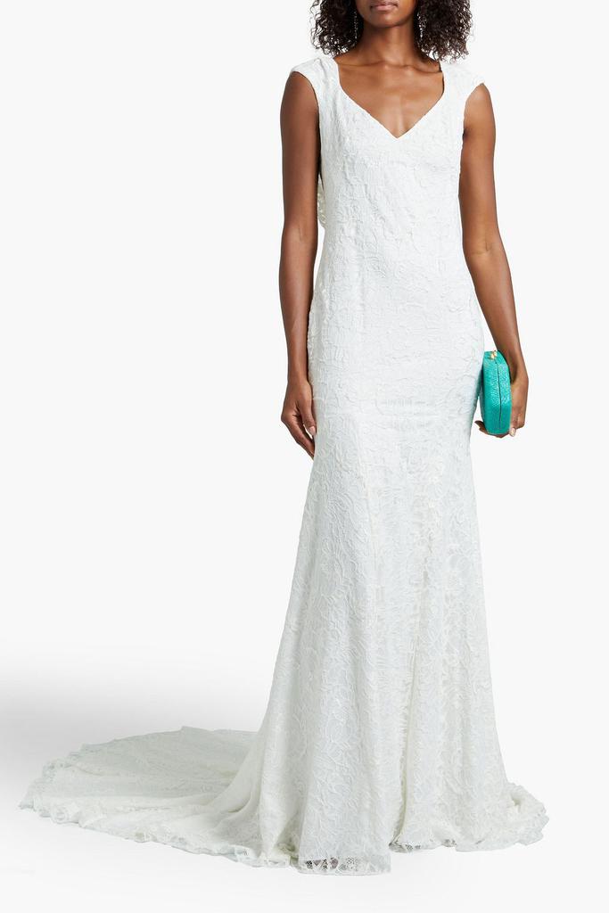 Theia Open-back draped lace bridal gown