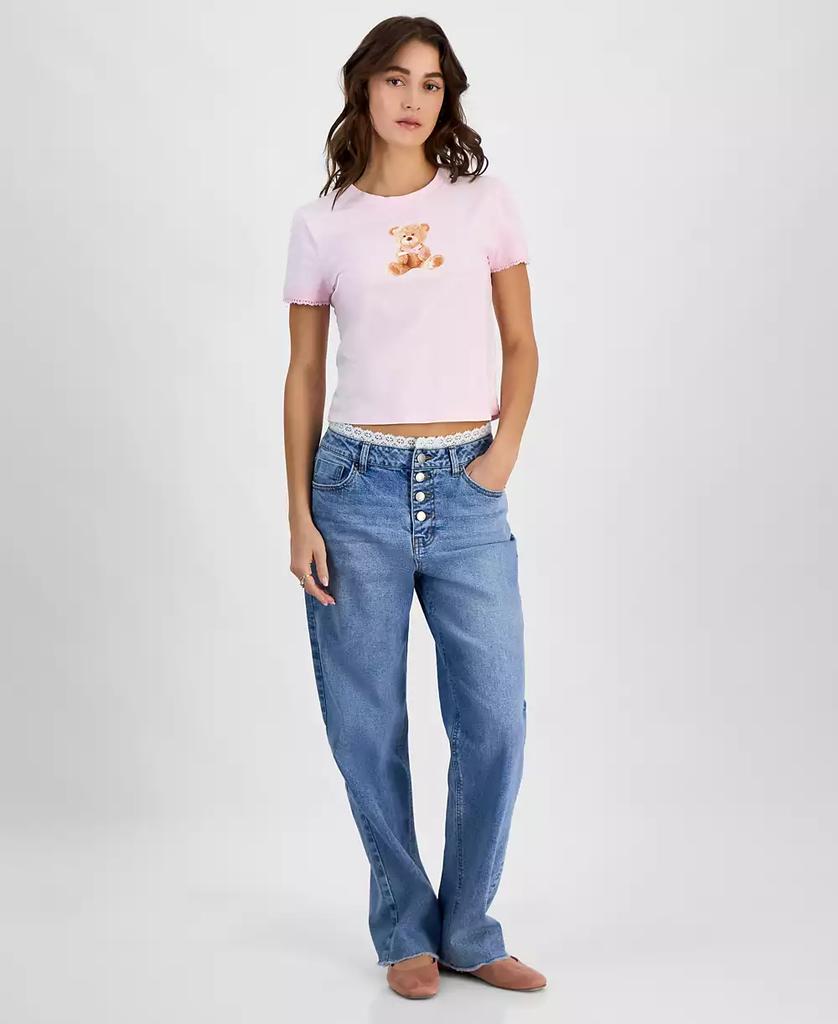 Rebellious One Juniors' Teddy Bear Bow Mineral Wash Graphic T-Shirt