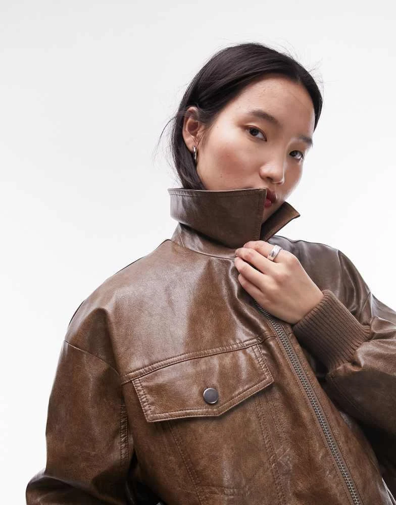 Topshop Topshop faux leather bomber jacket in washed brown 4