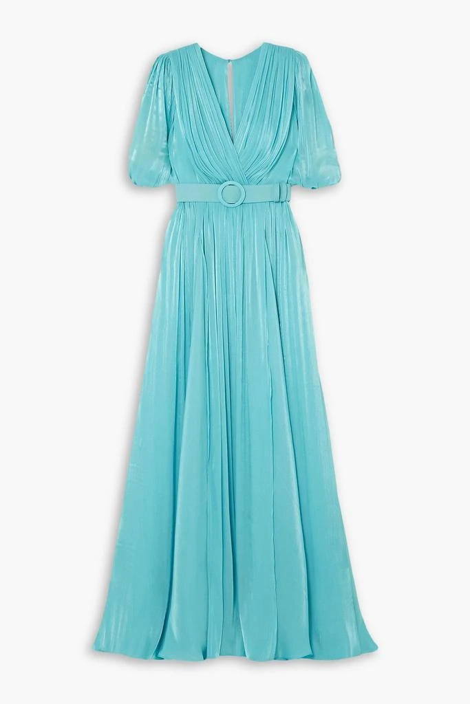 Costarellos Brennie belted metallic plissé-lamé gown 1