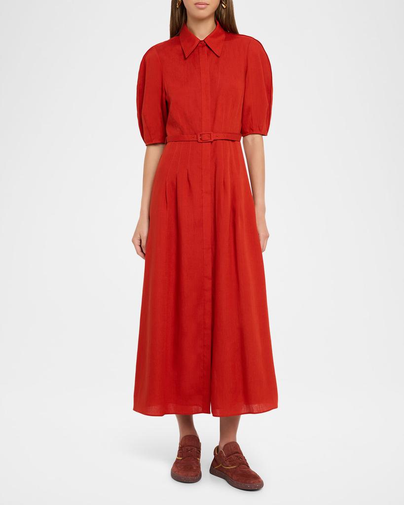 Gabriela Hearst Maude Puff-Sleeve Belted Linen Midi Shirtdress