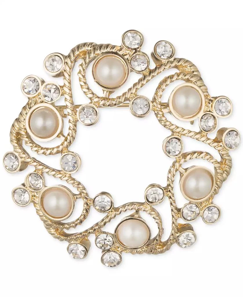 Anne Klein Gold-Tone Imitation Pearl and Crystal Wreath Pin, Created for Macy's 1