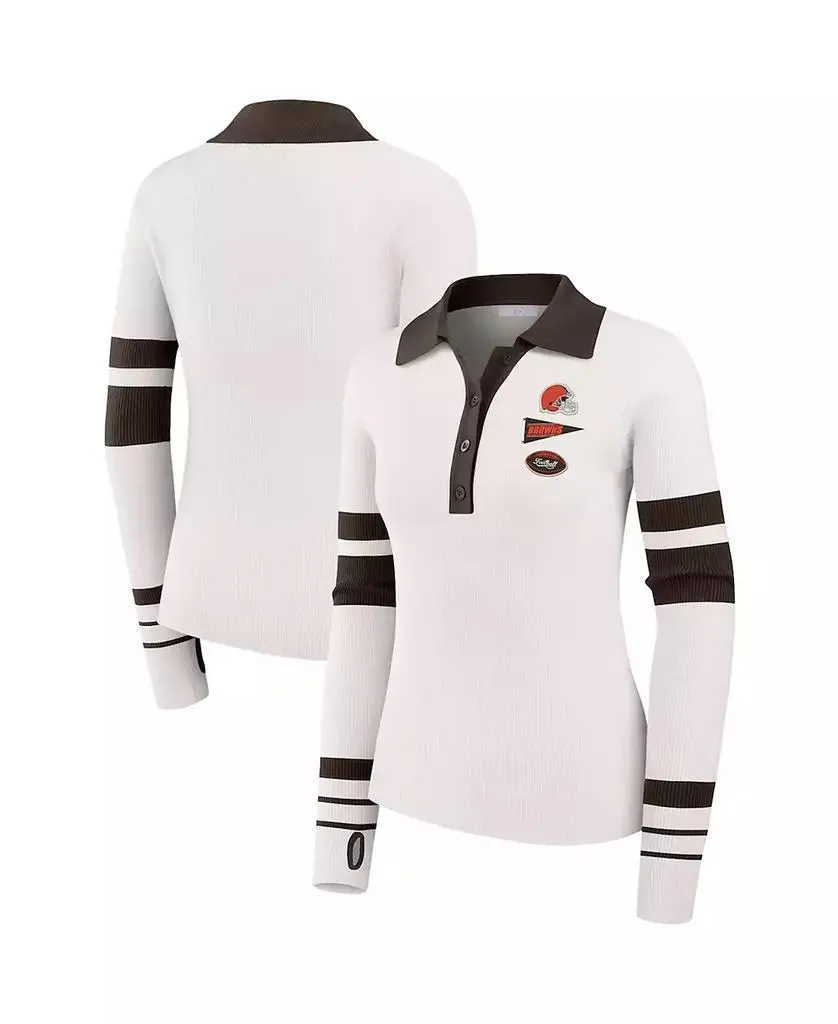 WEAR by Erin Andrews Women's White Cleveland Browns Ribbed Henley Polo Sweater