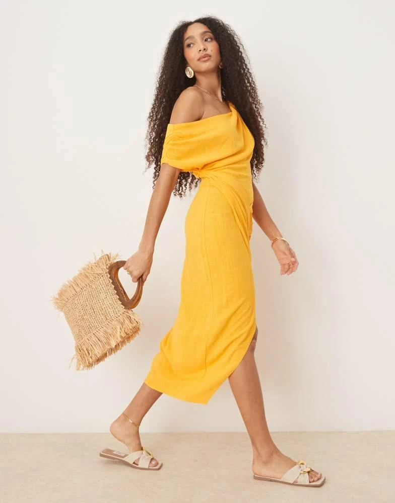 bright orange off the shoulder draped skirt midi dress - ORANGE