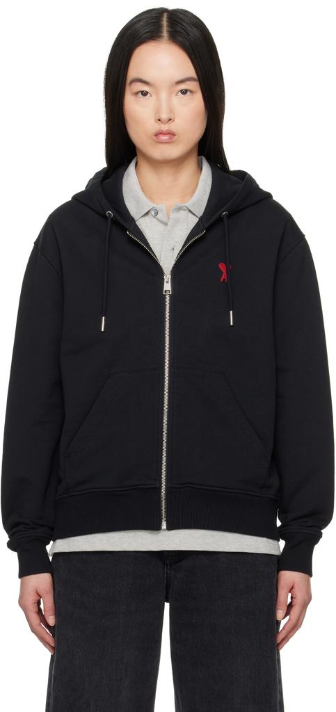 AMI Black Cotton Ami de Coeur Zipped Hoodie - Hoodies