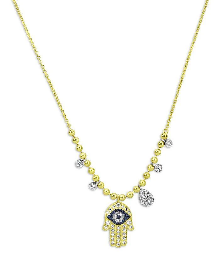 Meira T 14K White Gold 
Yellow Gold Blue Sapphire 
Diamond Hamsa Hand Pendant Necklace, 18"