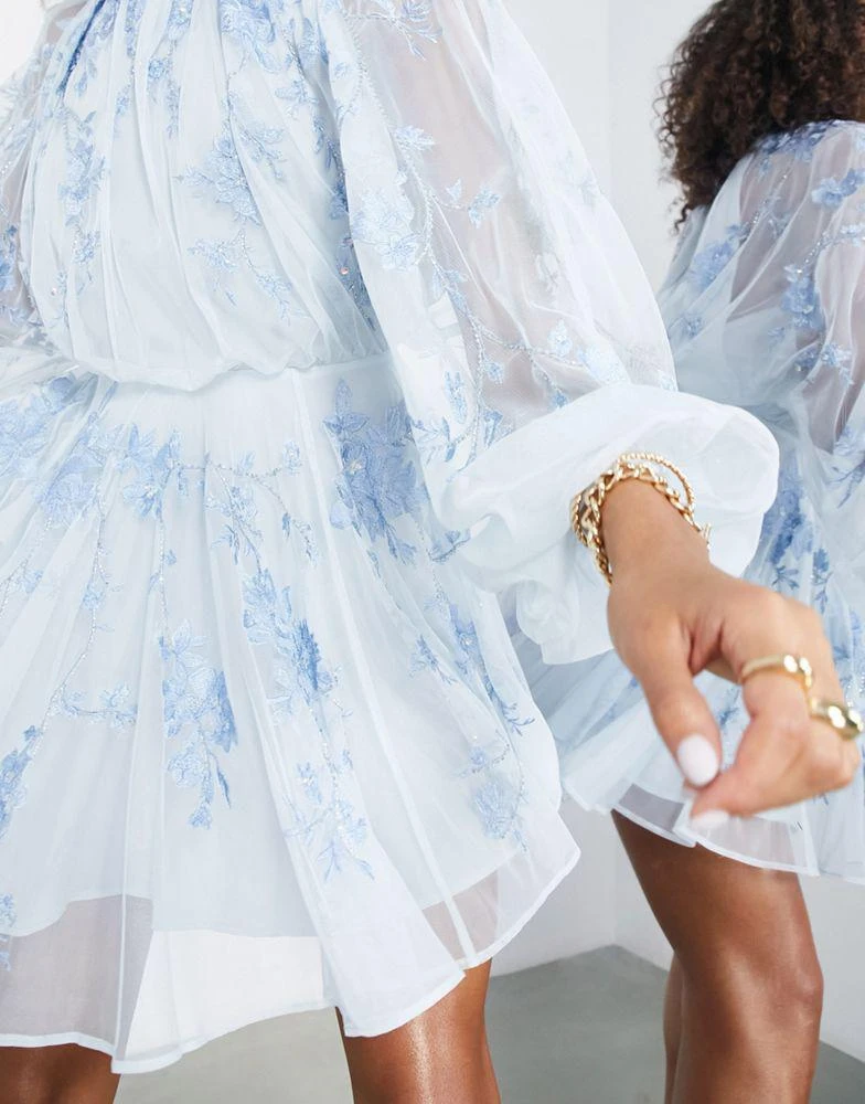 ASOS ASOS EDITION floral embroidered mesh mini dress with blouson sleeve in pale blue 2