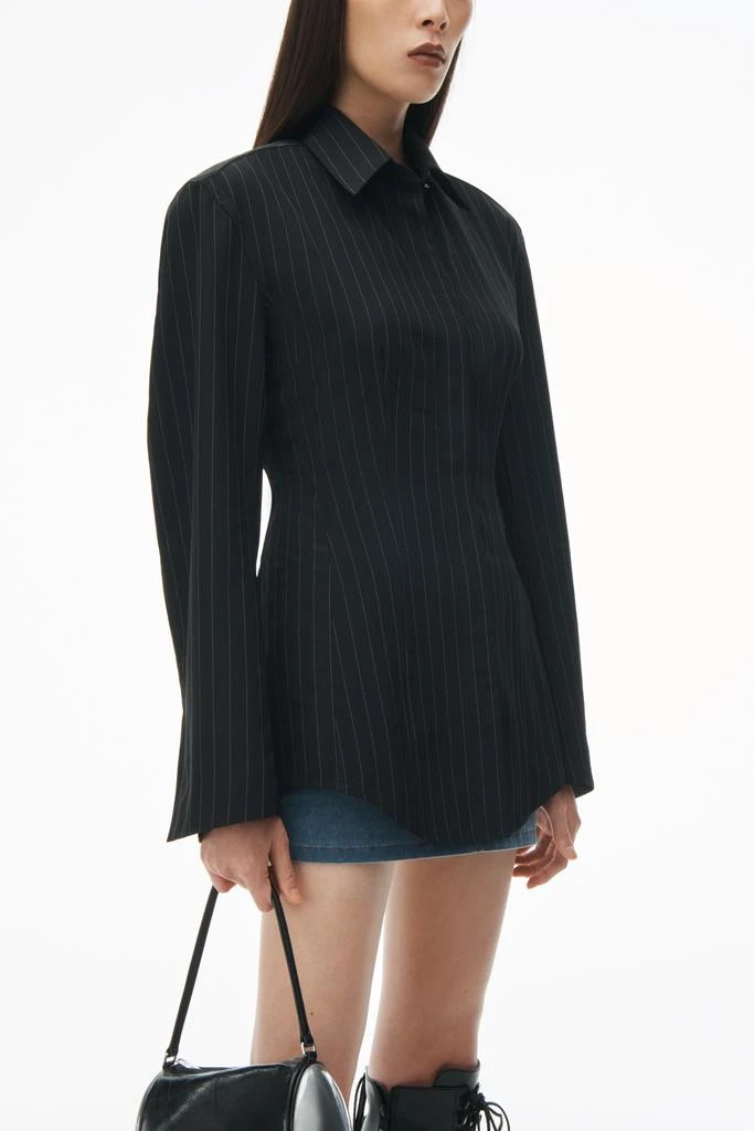 Alexander Wang Long Sleeve Belted Shirt in Pinstripe Wool 3