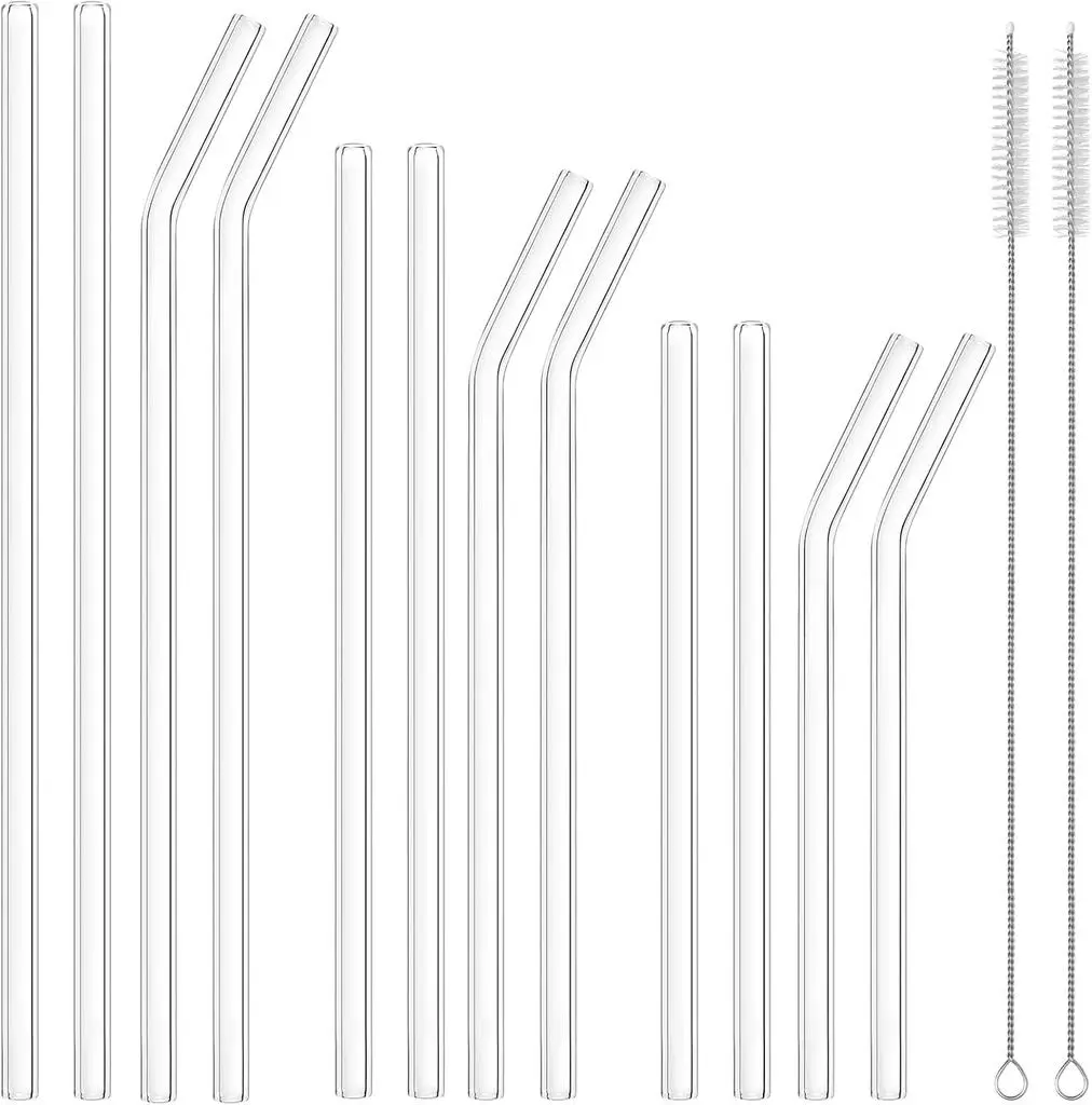OKGD 12 Pcs Reusable Glass Straws - Size 12.2"x10mm,10.5"x10mm,8.5"x10mm,Including 6 Straight and 6 Bent Clear Glass Straws with 2 Cleaning Brush for for Smoothies, Shakes, Coffee, Juice, Cocktails