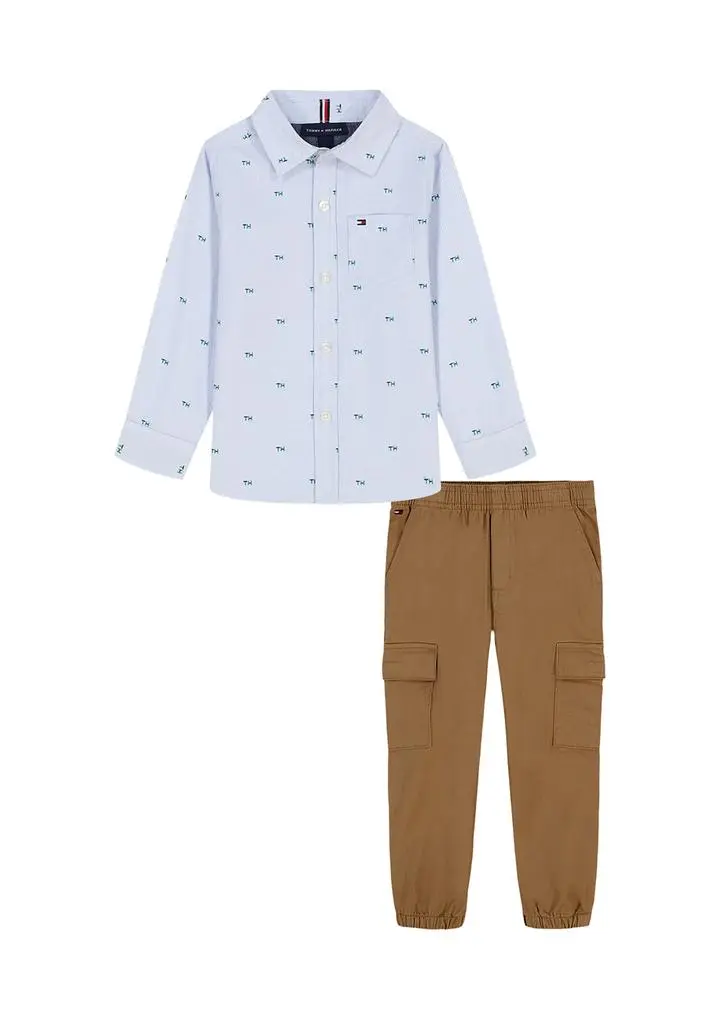 Tommy Hilfiger Toddler Boys Printed Dress Shirt and Cargo Jogger Set