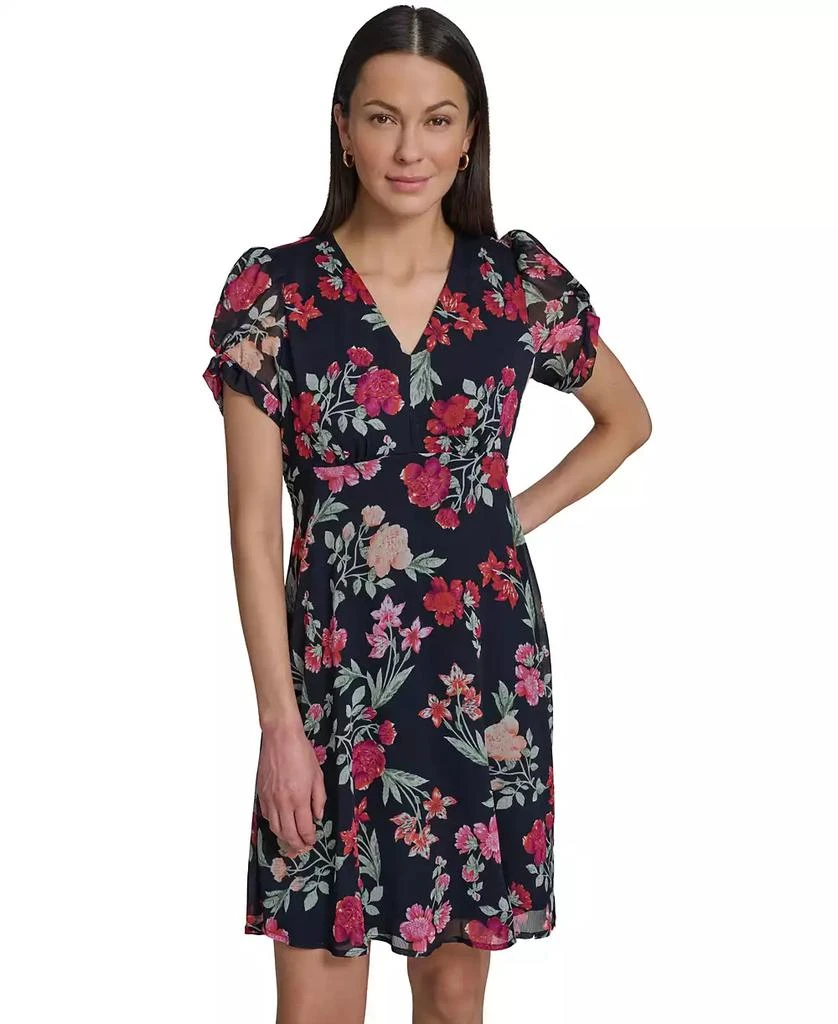 Calvin Klein Women's Puff-Sleeve Printed V-Neck Chiffon Dress - Dresses &  Skirts - Free Shipping - BeyondStyle