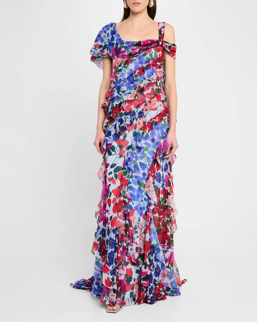 Carolina Herrera One-Shoulder Multi-Floral Ruffle Gown 2