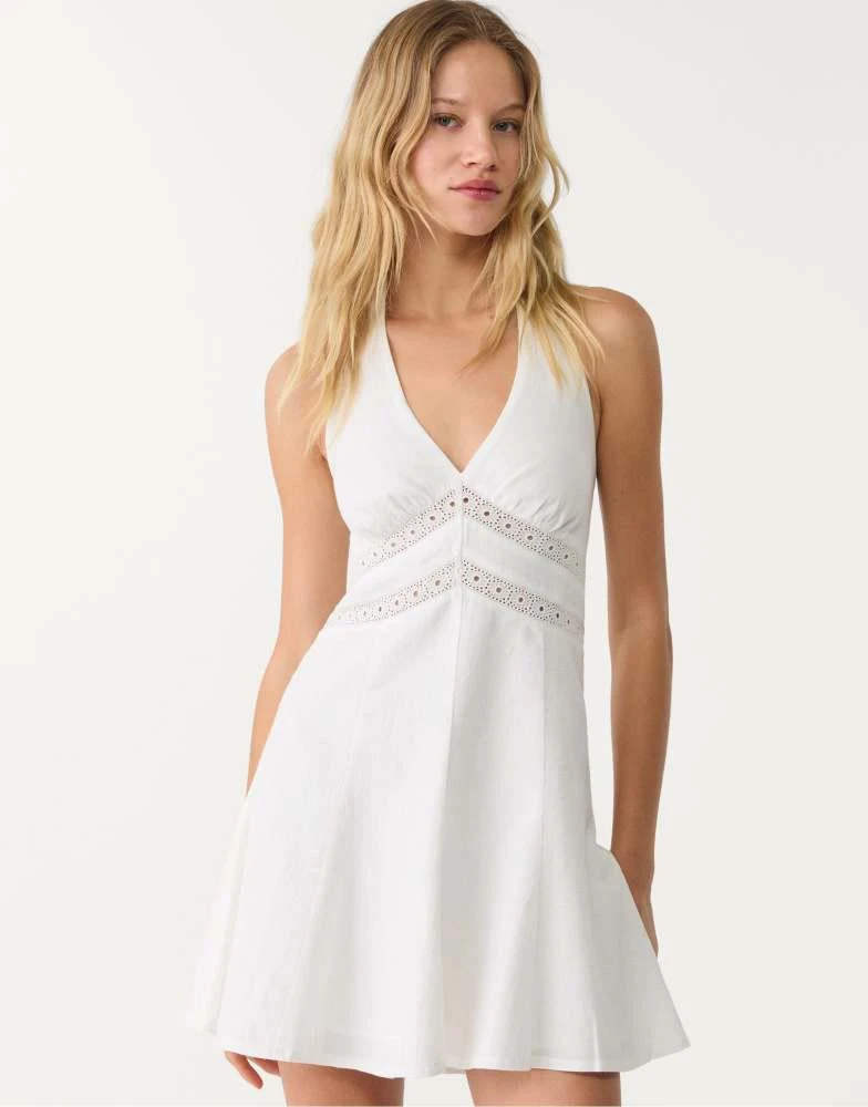 Stradivarius Stradivarius short linen blend halter dress in ecru 1