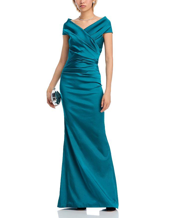 Teri Jon Off-the-Shoulder Ruched Satin Gown