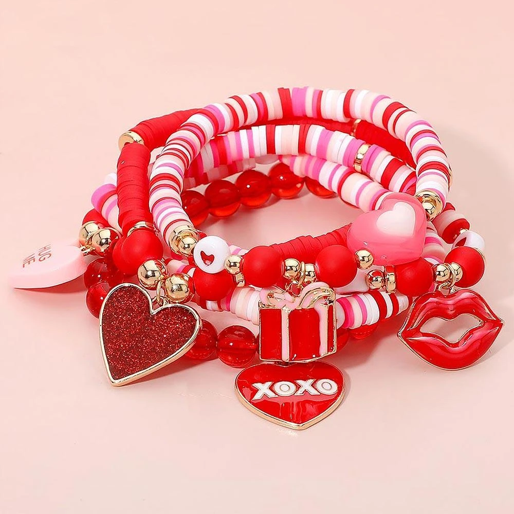 FASHNZFAB 5PCS - Valentine Heart Message Charm Heishi Faceted Beaded Stretch Multi Layered Bracelets