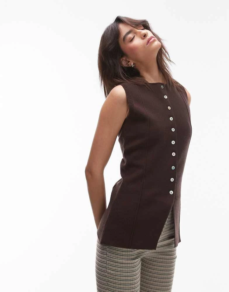 Topshop Topshop longline compact knitted waistcoat in brown 3