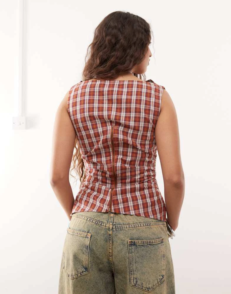 COLLUSION COLLUSION ruched side woven cowl top in red check 4