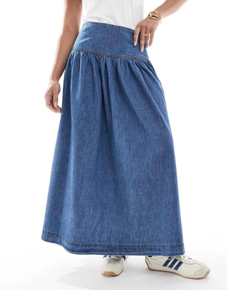 ASOS ASOS DESIGN denim drop waist maxi skirt with linen in midwash blue 3