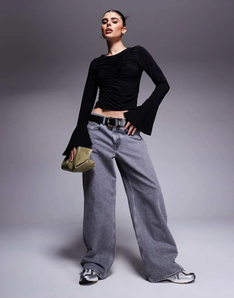 ASOS ASOS DESIGN asymmetric gathered flared long sleeve top in black 4