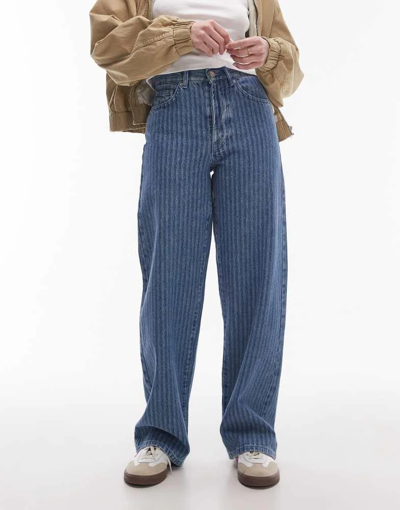 Topshop Topshop mid rise loose fit straight jean in mid blue stripe 1