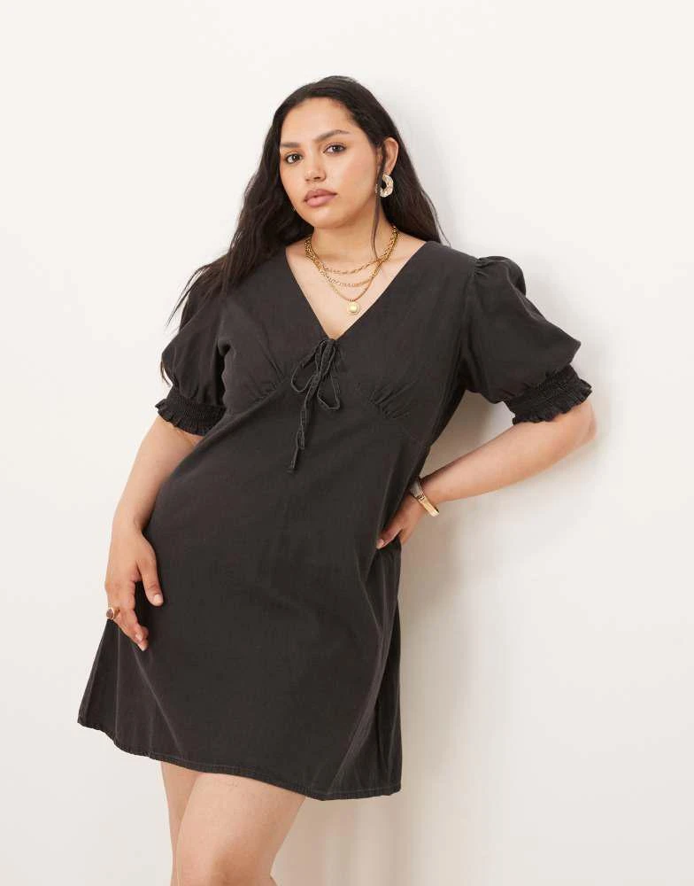 ASOS ASOS DESIGN Curve soft denim puff sleeve mini dress with frill detail  in wash black - Dresses & Skirts - BeyondStyle