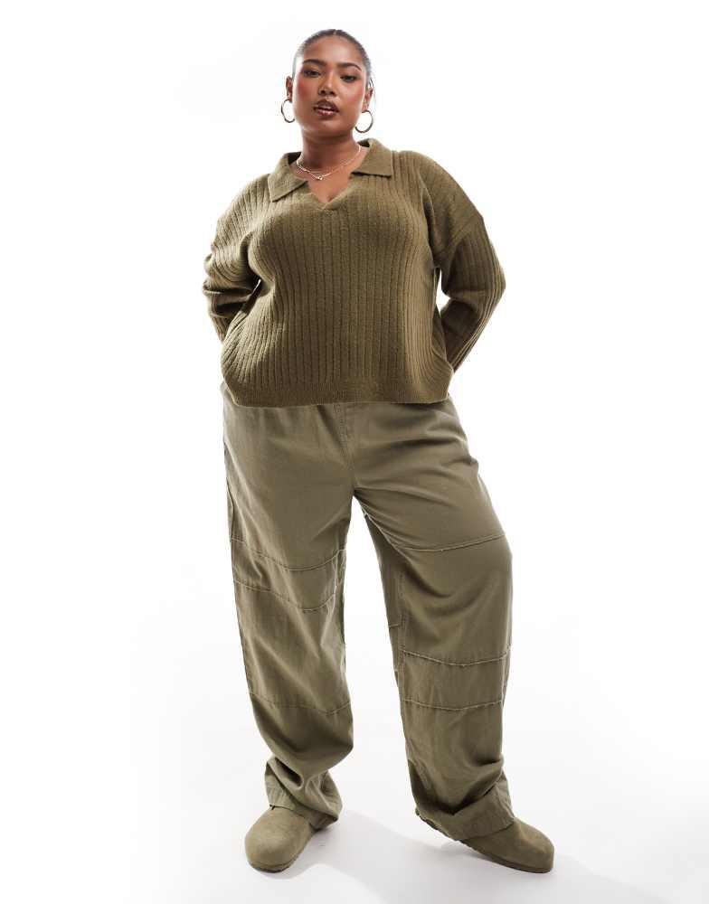 Brave Soul Brave Soul Plus v-neck polo jumper in khaki