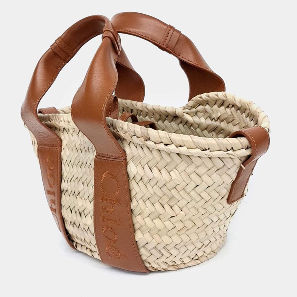 Chloé Chloe Beige Brown Leather and Raffia Chloe Sense Small Basket  Bag
