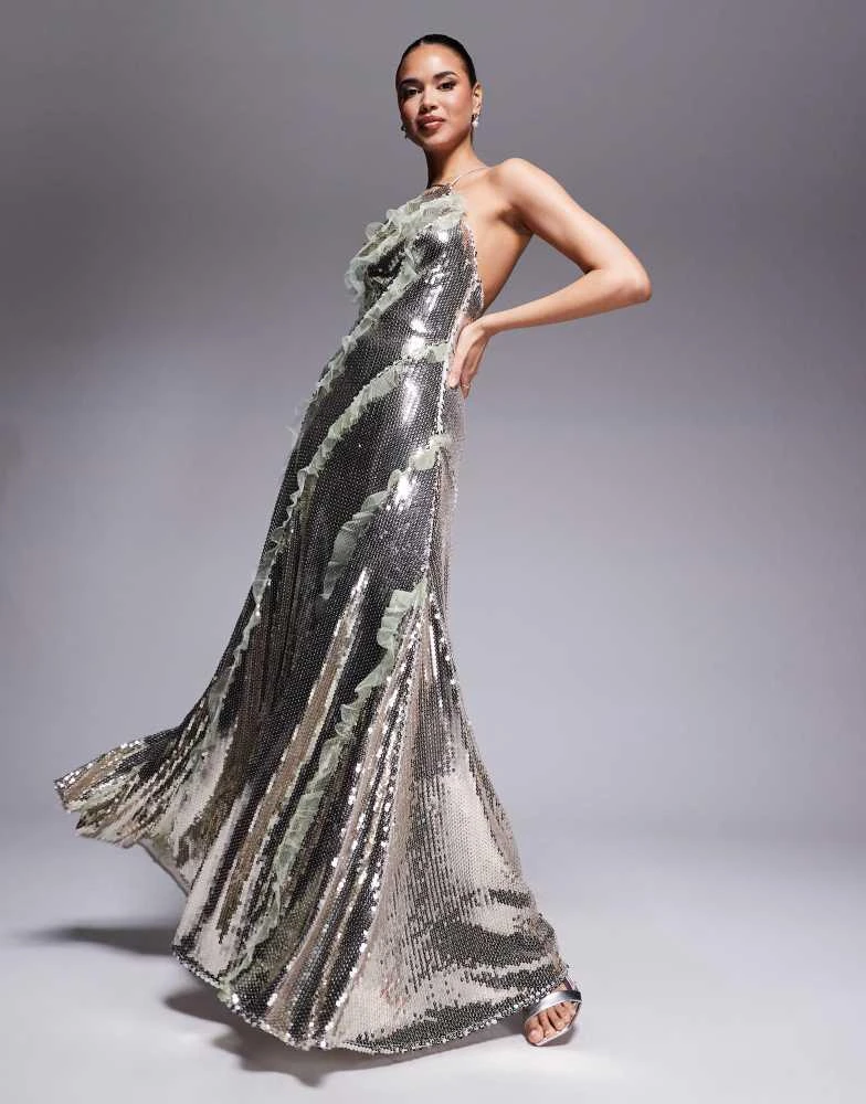 ASOS ASOS DESIGN halter neck sequin maxi dress in silver sequin with mesh ruffle inserts in silver 1