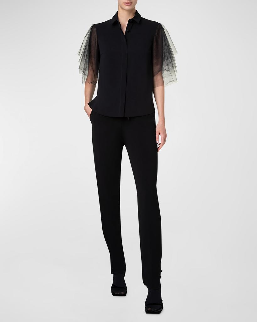 Akris Layered Tulle-Sleeve Button-Down Blouse
