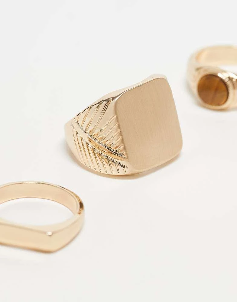 ASOS ASOS DESIGN 3 pack semi-precious tigers eye stone signet ring set in gold 2